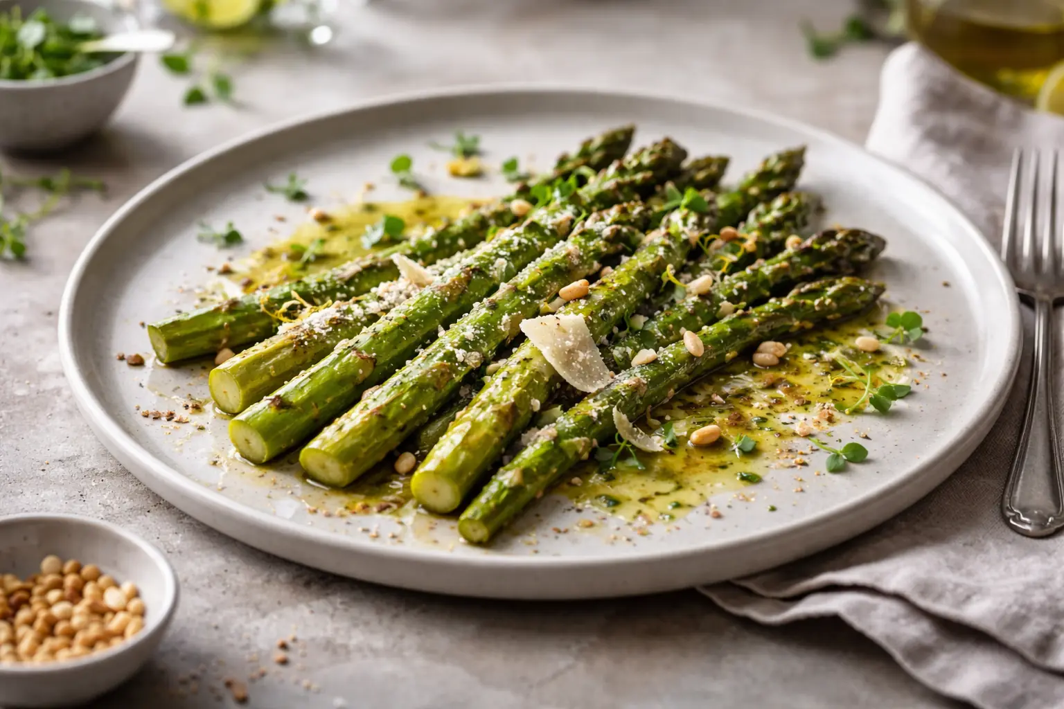 Asperges vertes rôties au four avec rondelles de citron sur une plaque