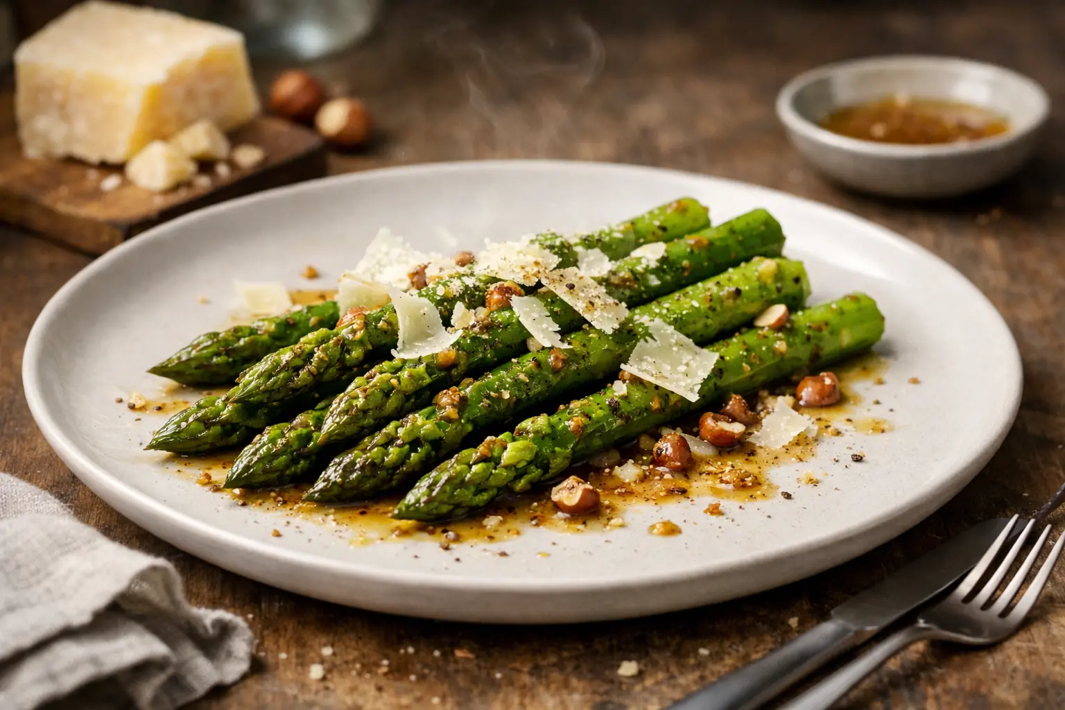 Asperges vertes poêlées au beurre noisette avec parmesan et herbes