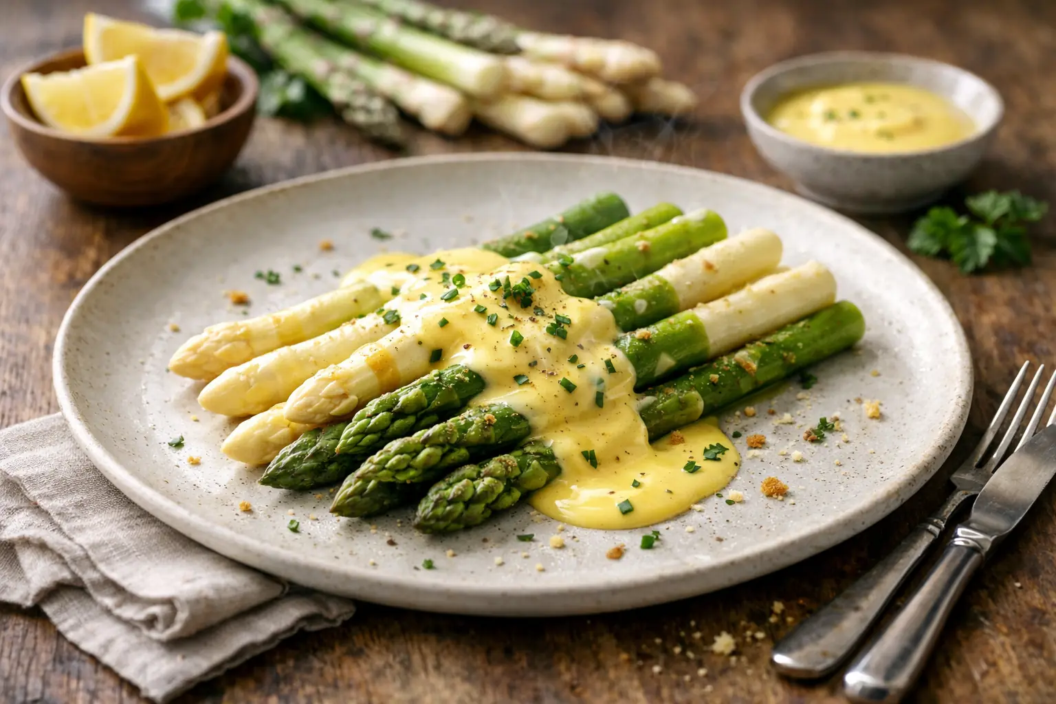 Asperges vertes et blanches servies avec une sauce hollandaise