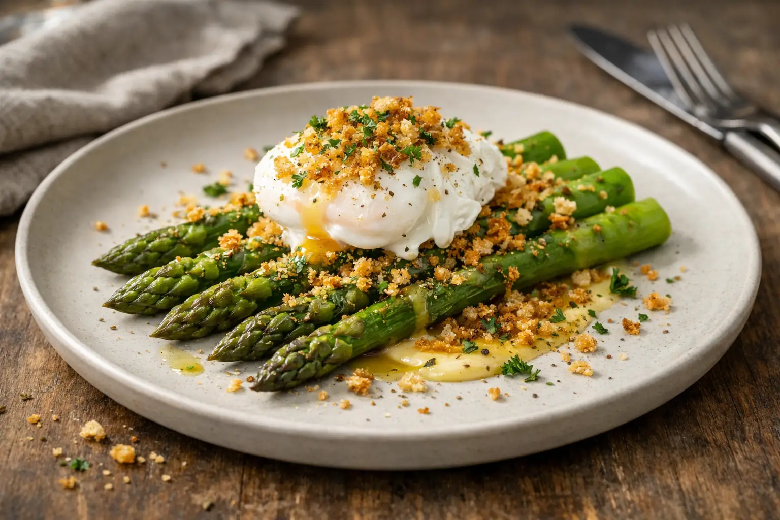 Asperges vertes poêlées servies avec un œuf poché et un panko croustillant