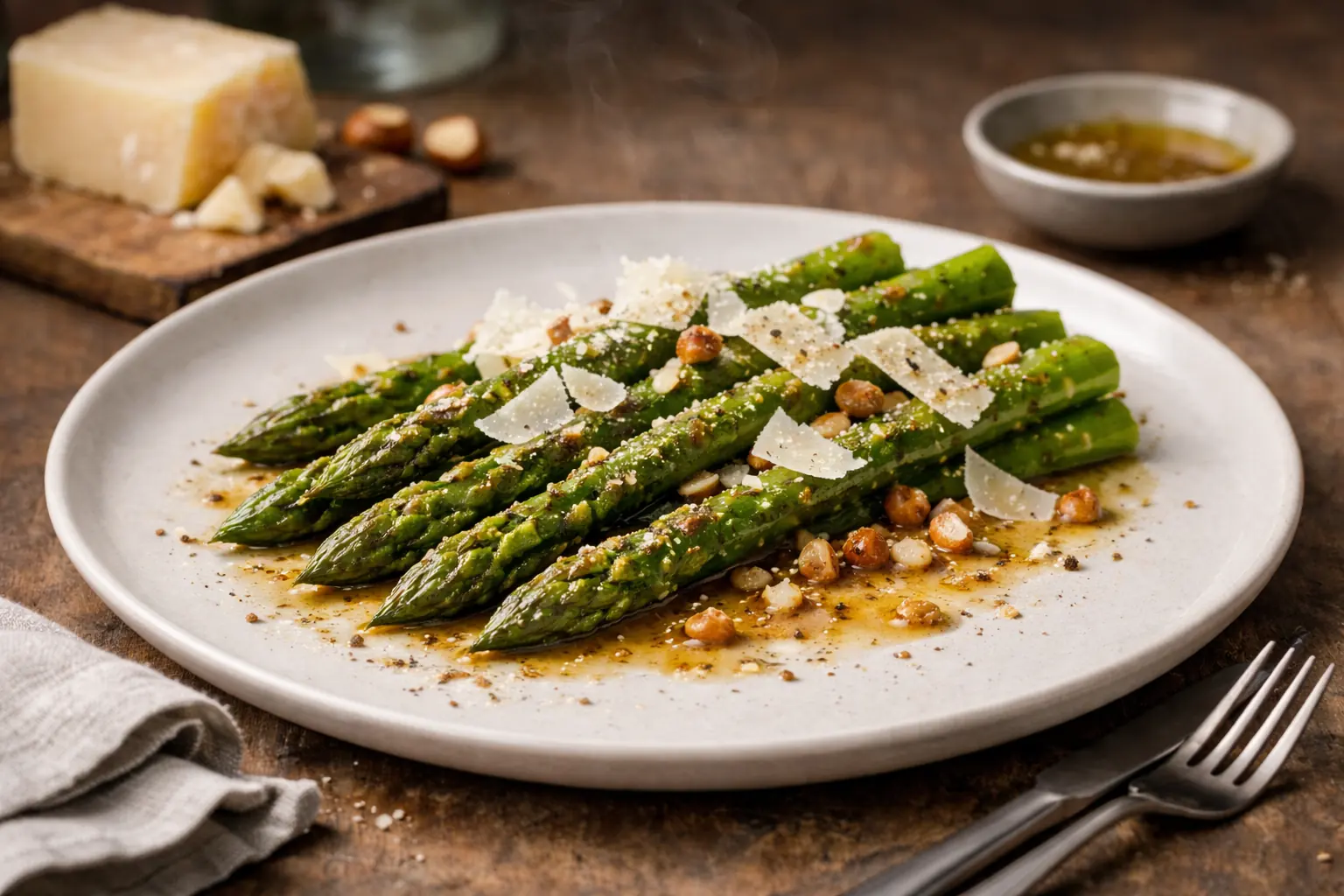 Asperges vertes poêlées garnies de copeaux de parmesan dans une assiette