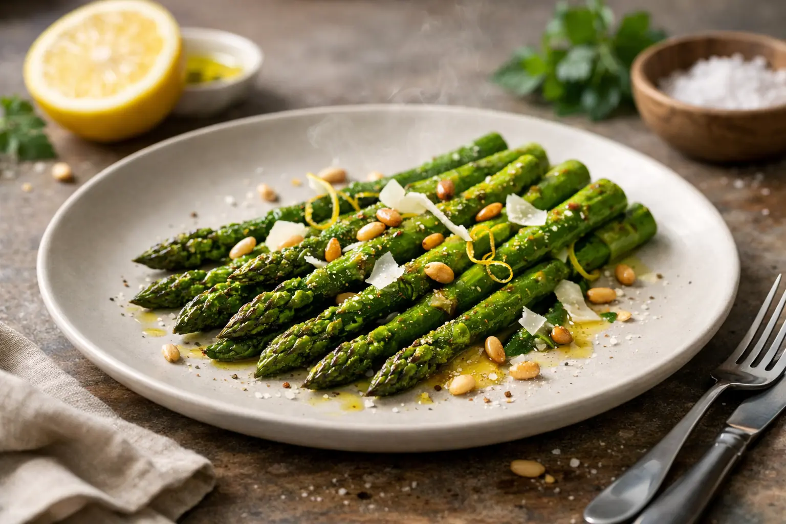 Asperges vertes poêlées à l’huile d’olive avec ail et thym