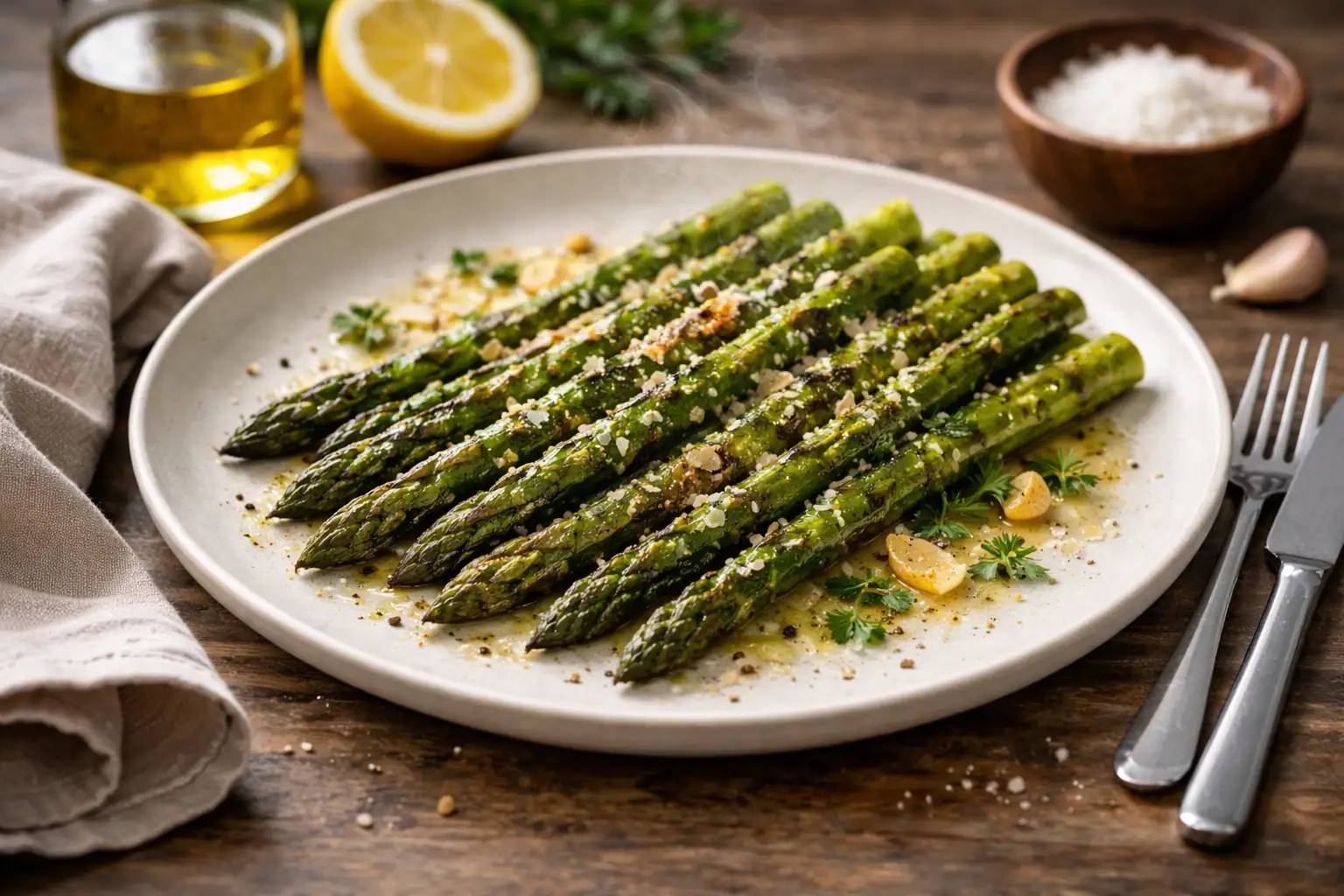 Asperges vertes rôties au four avec ail et huile d’olive
