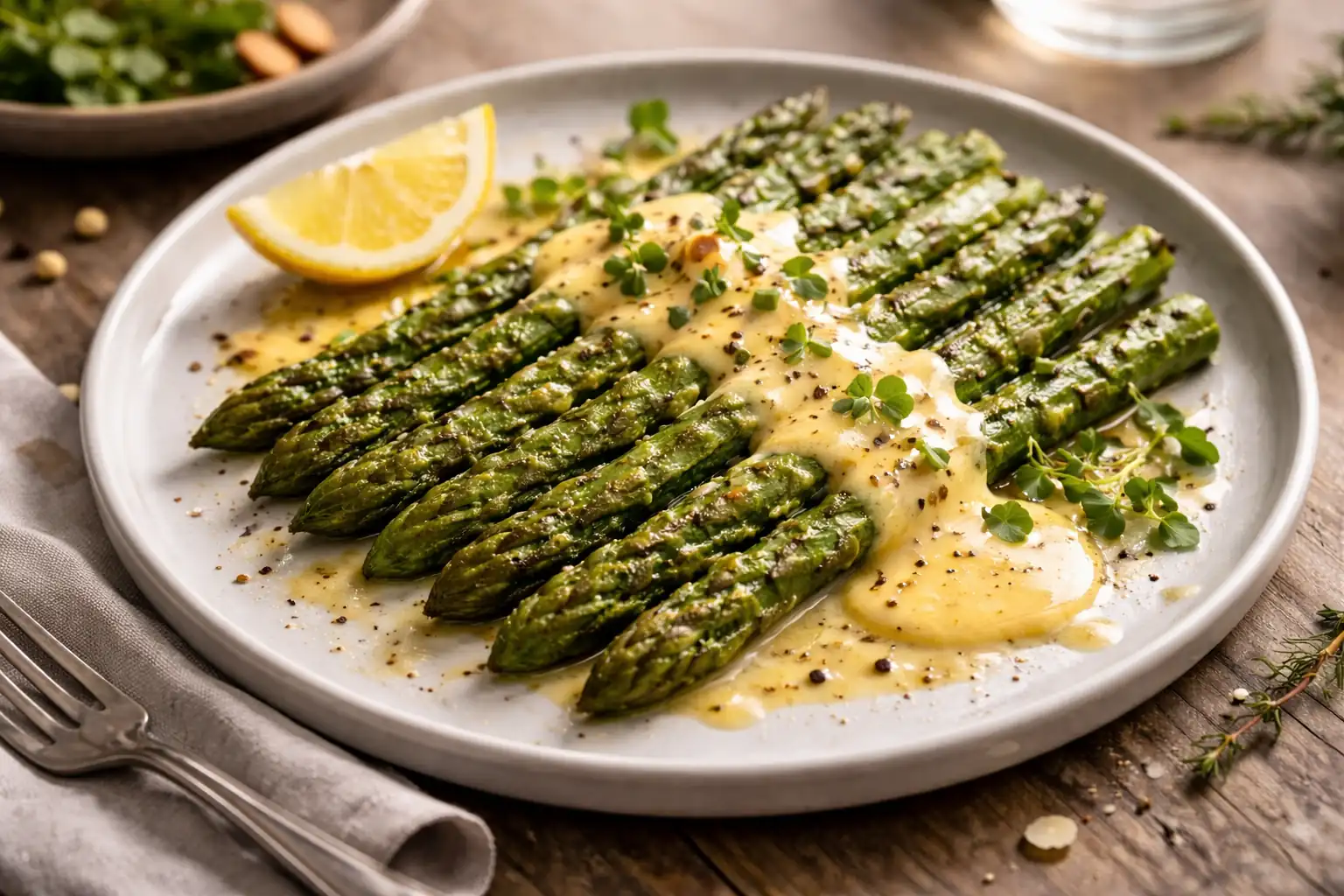 Asperges vertes servies avec une sauce hollandaise maison