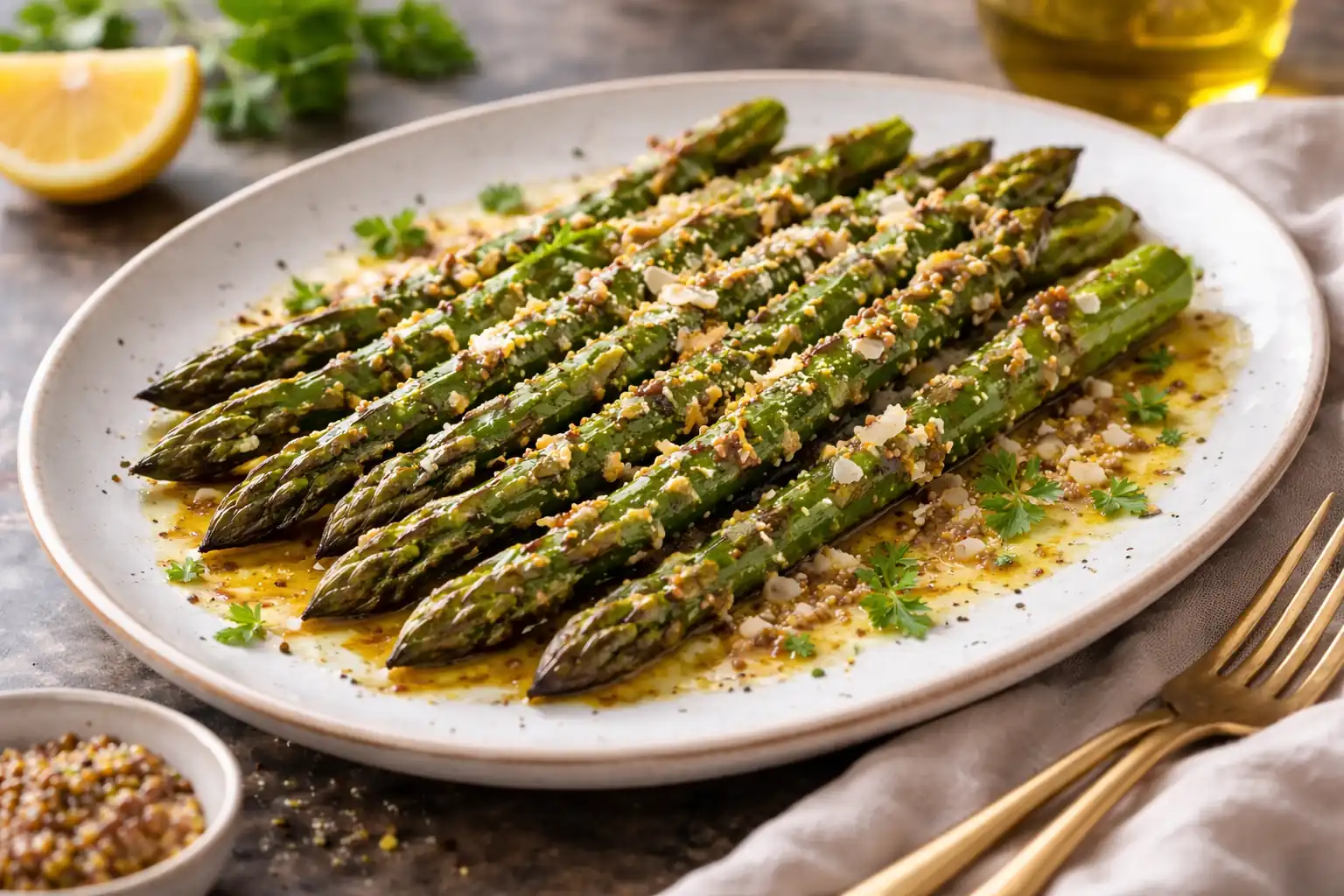 Asperges vertes servies avec une vinaigrette à la moutarde à l’ancienne
