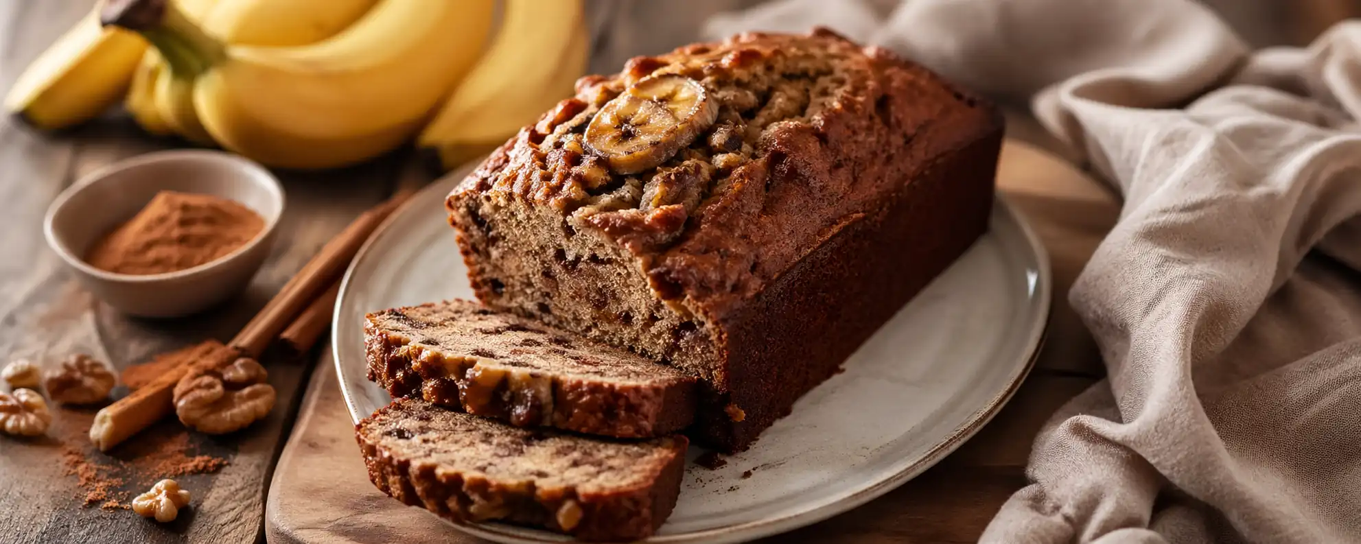 Banana bread à la cannelle posé sur un plat de service
