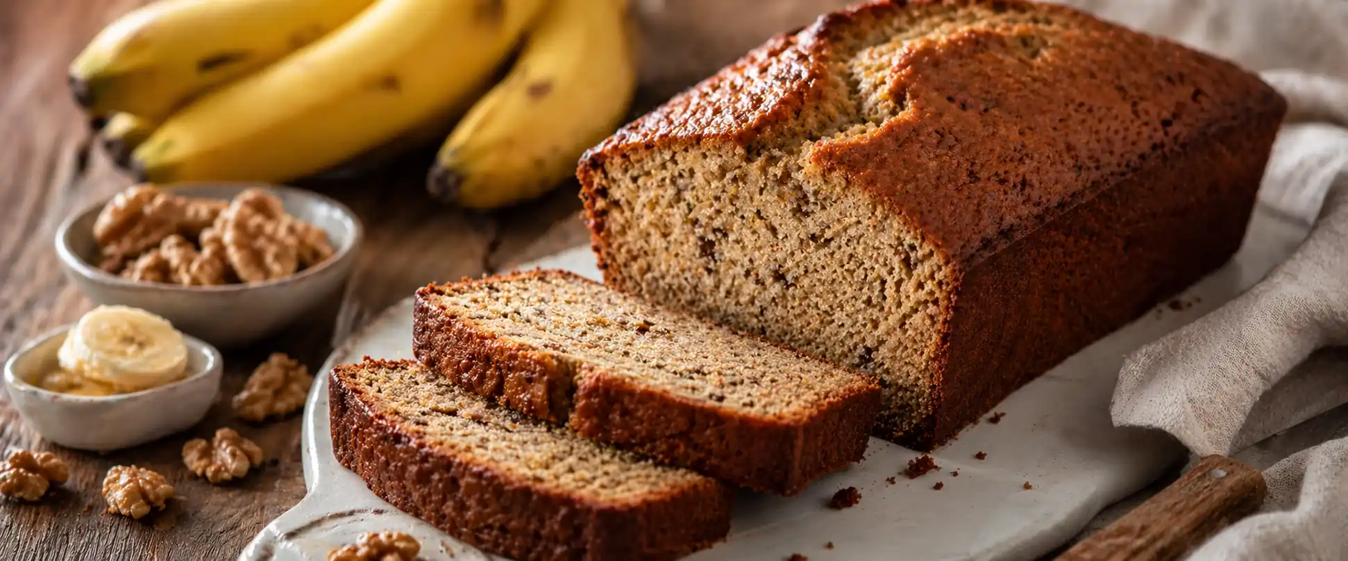 Tranches de banana bread américain moelleux avec bananes mûres