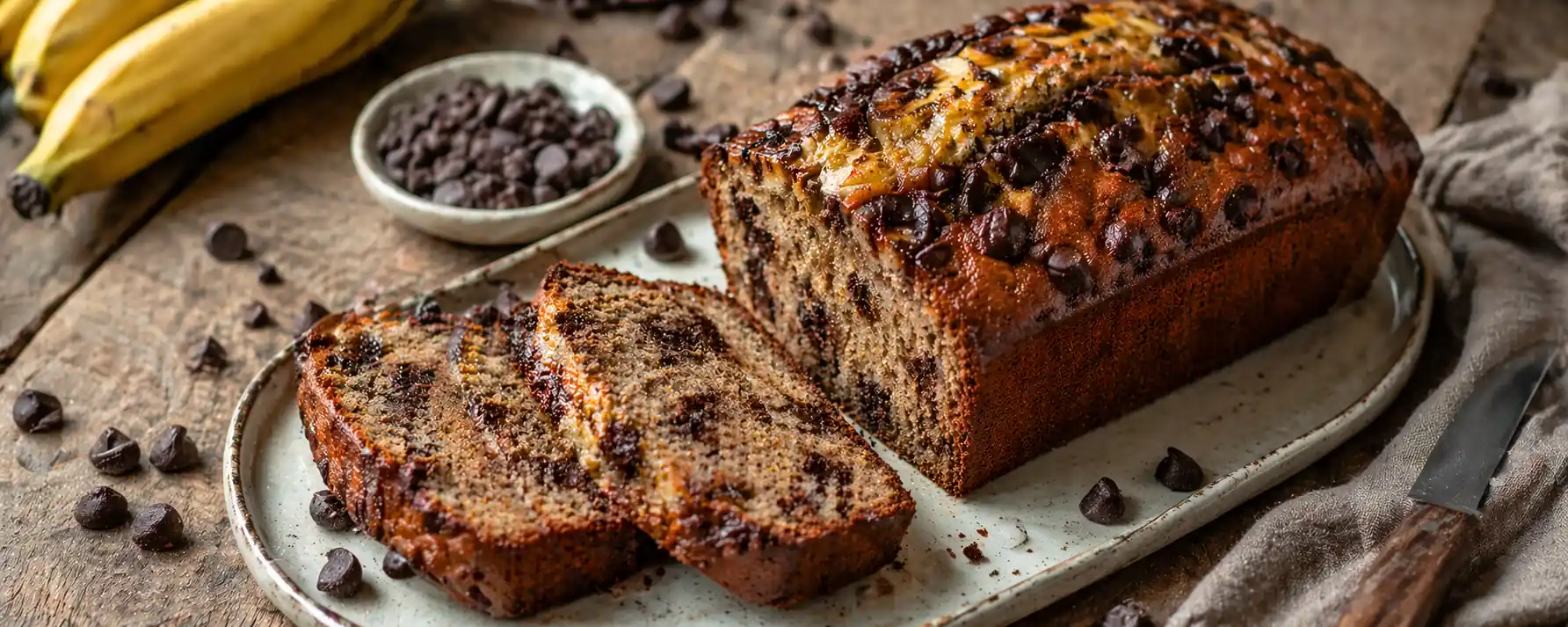 Banana bread aux pépites de chocolat tranché