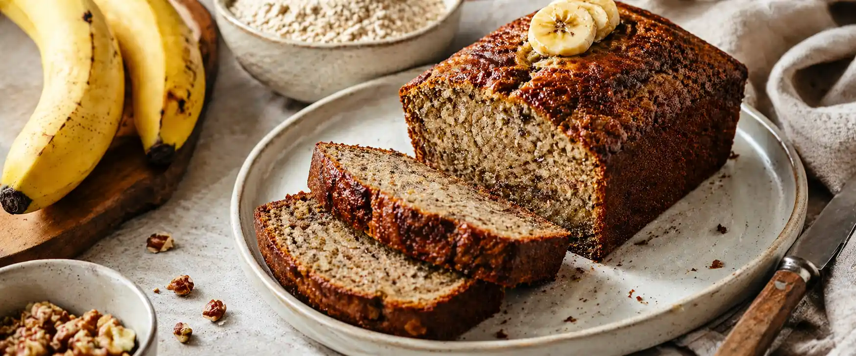 Banana bread sans gluten coupé en tranches sur une planche