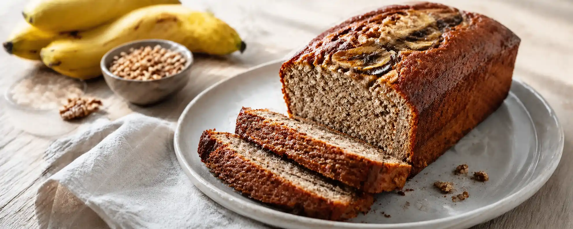 Tranches de banana bread aux pépites de chocolat sur une assiette