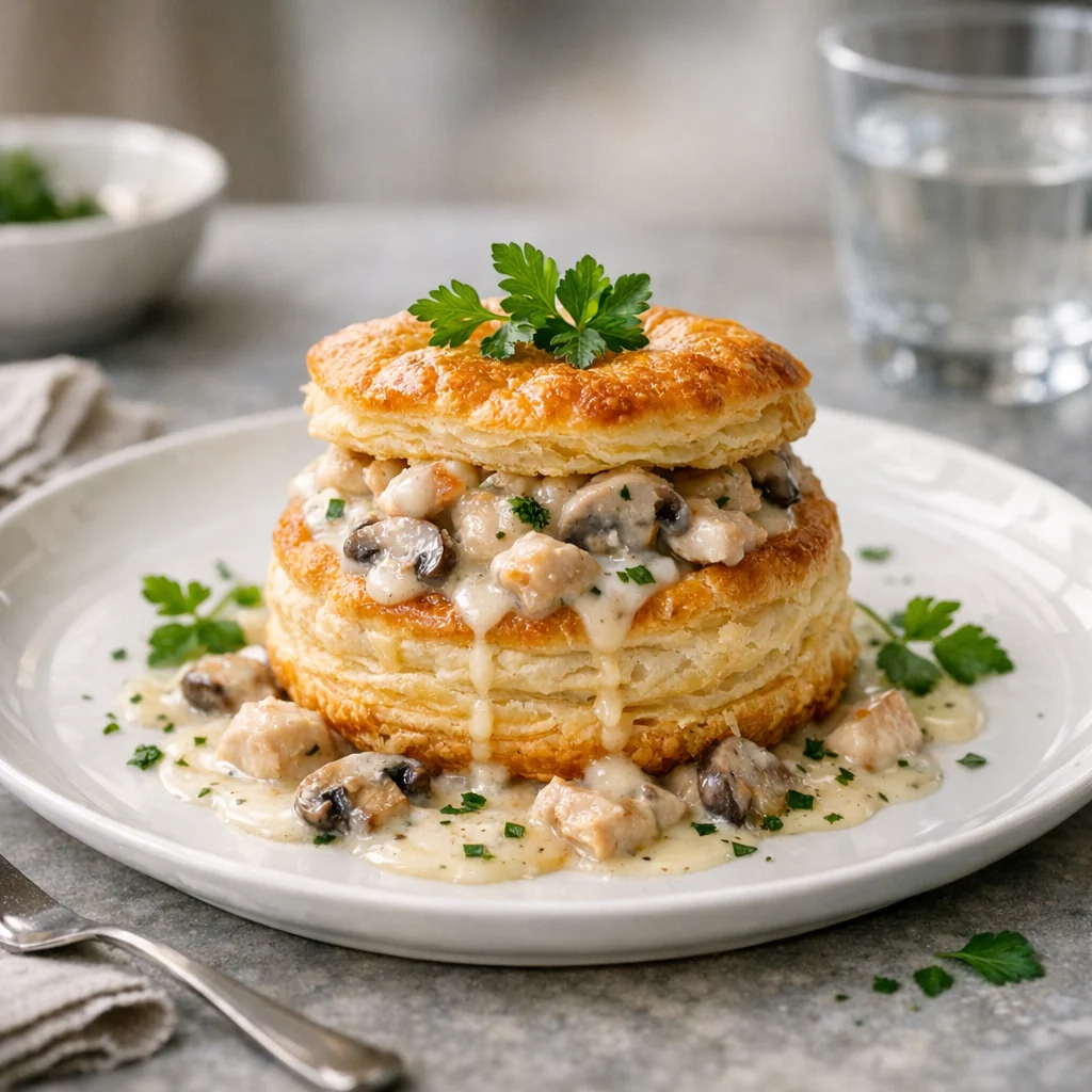 bouchées feuilletées garnies de volaille et sauce crémeuse aux champignons