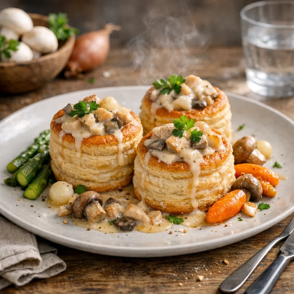 Bouchées à la reine alsaciennes garnies de volaille et champignons dans une sauce crémeuse