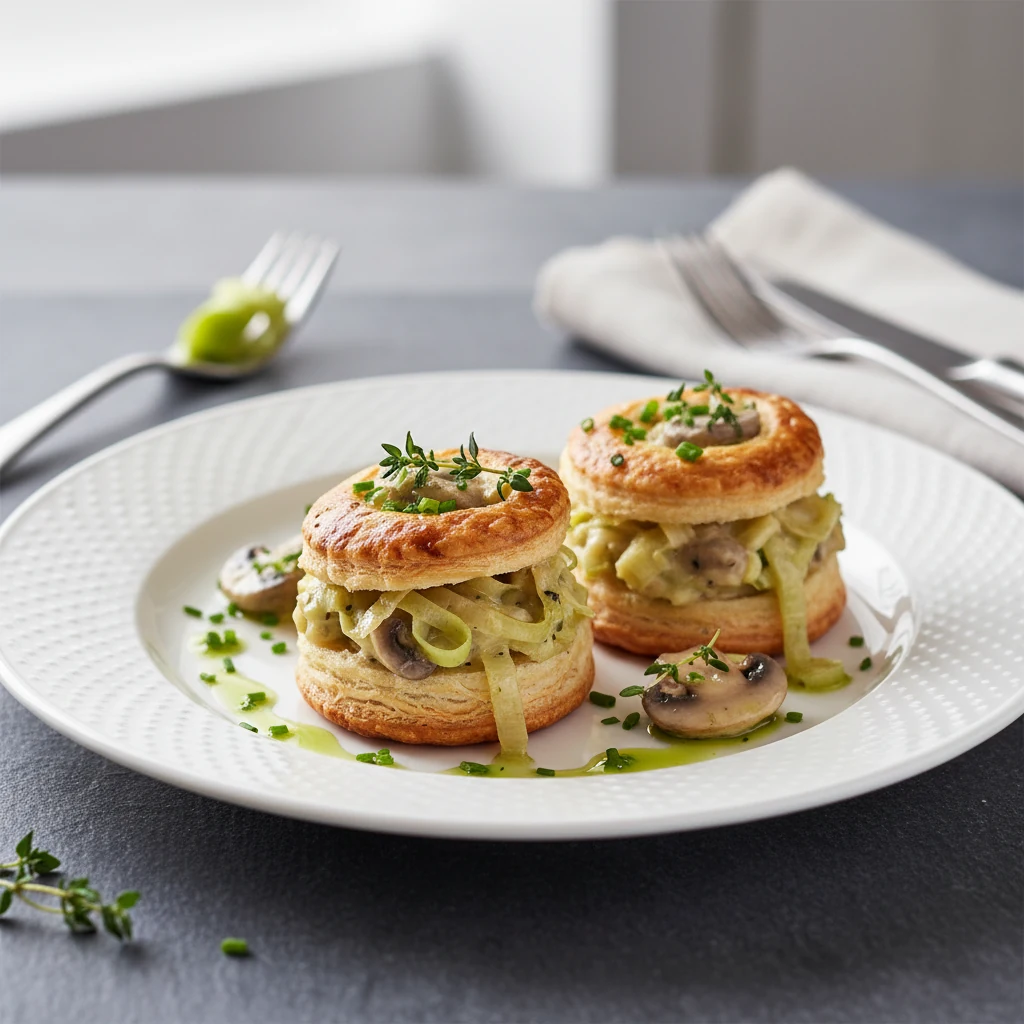 bouchées feuilletées garnies de poireaux et sauce crémeuse aux champignons