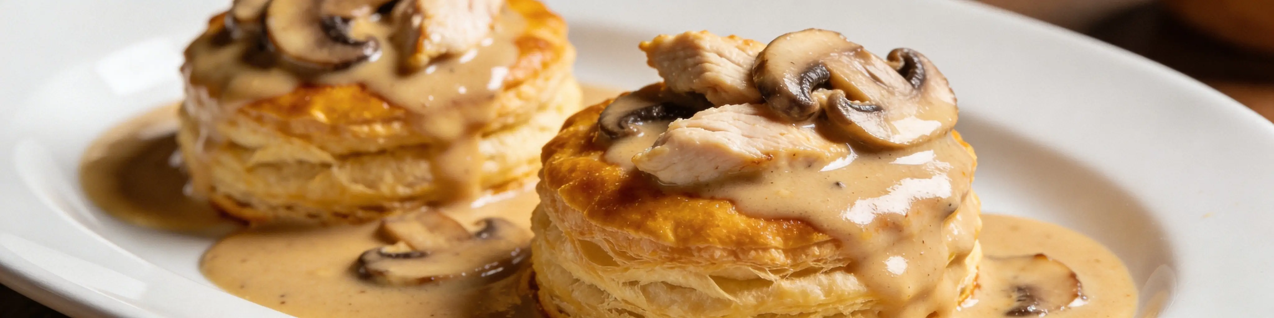 Bouchées à la reine dorées garnies d’une sauce crémeuse aux champignons
