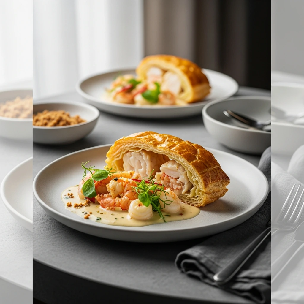 Bouchées à la reine façon normande garnies de fruits de mer et sauce crémeuse