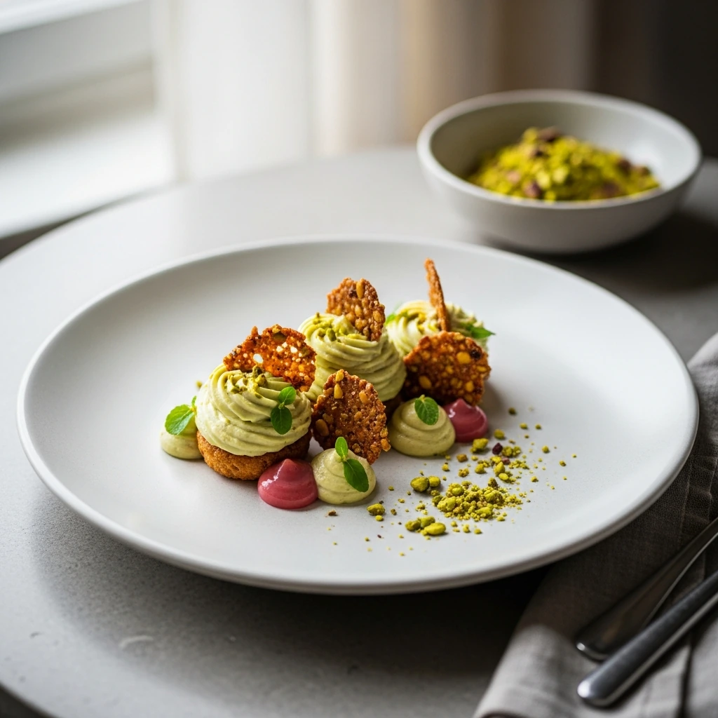 Bouchées aux pistaches et chocolat blanc saupoudrées de pistaches concassées