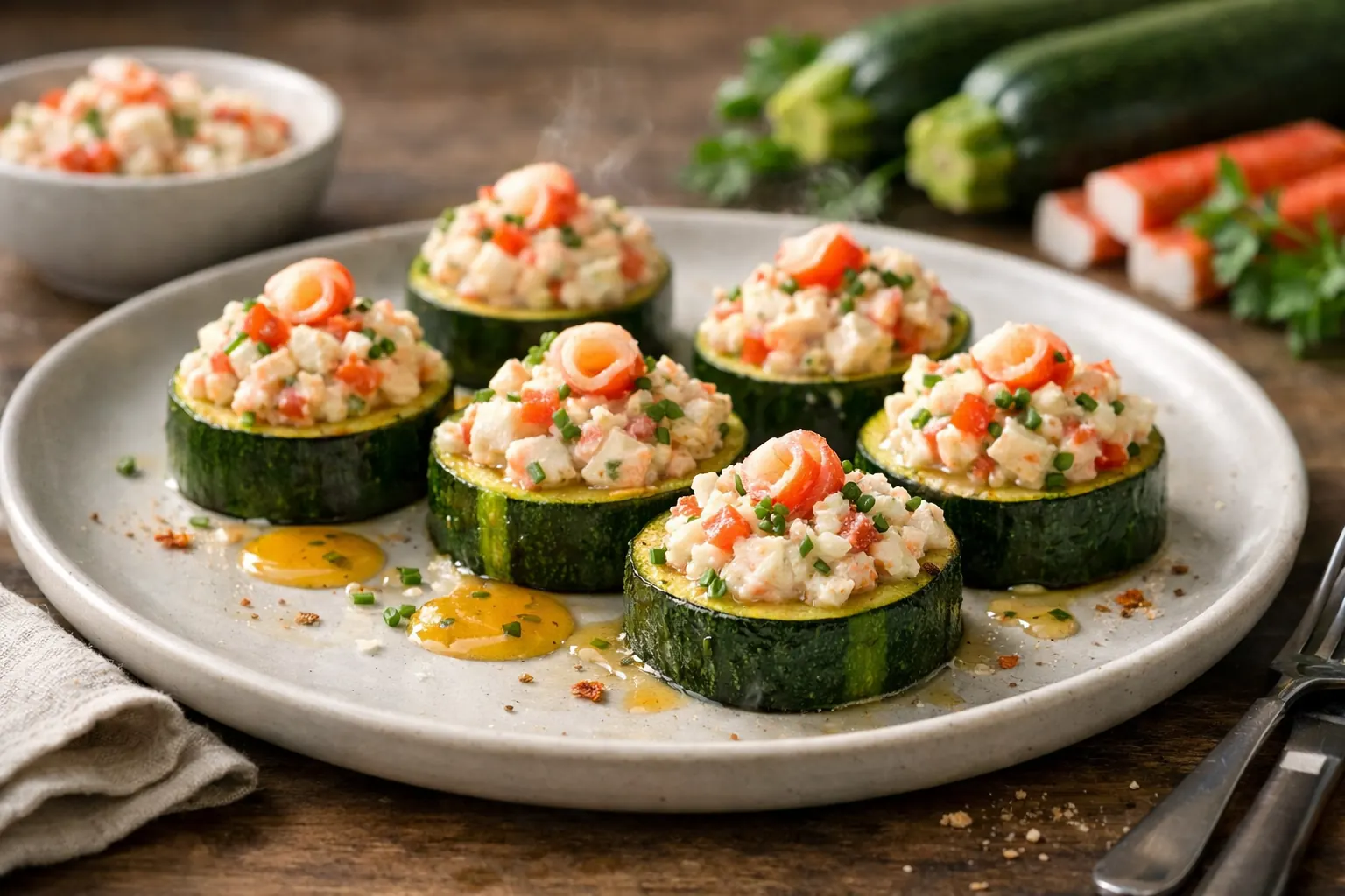 Bouchées roulées de courgette garnies de surimi et de chèvre frais