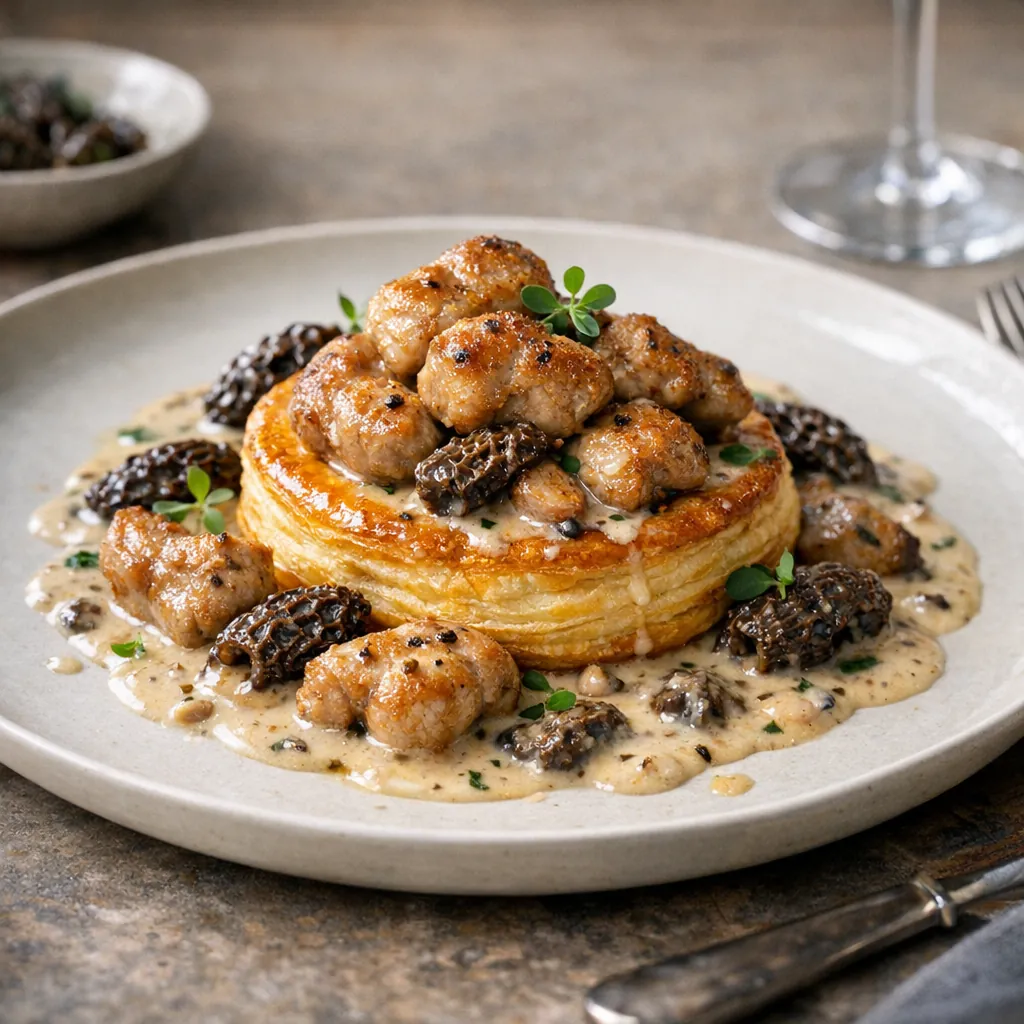 bouchées feuilletées garnies de ris de veau et sauce aux morilles crémeuse