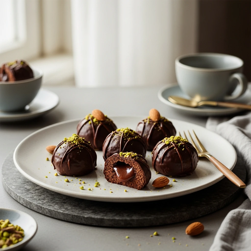 Bouchées de pâte d’amande enrobées de chocolat noir brillantes et gourmandes