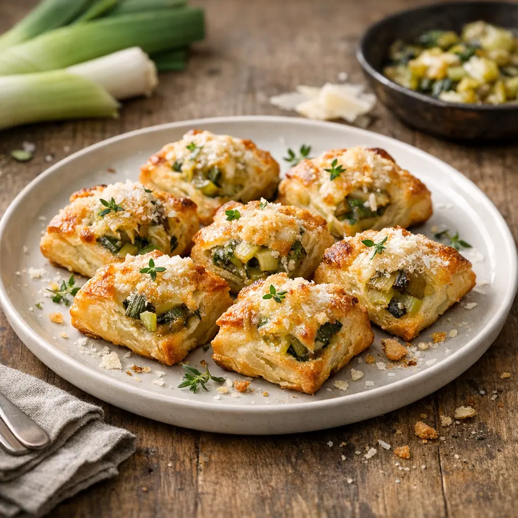 Bouchées feuilletées aux poireaux et parmesan dorées et croustillantes