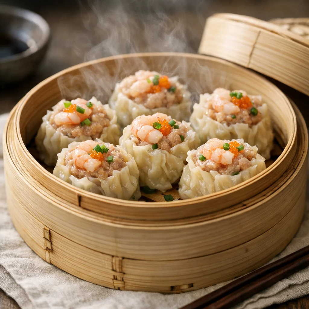 bouchées vapeur asiatiques porc et crevettes dans un panier vapeur