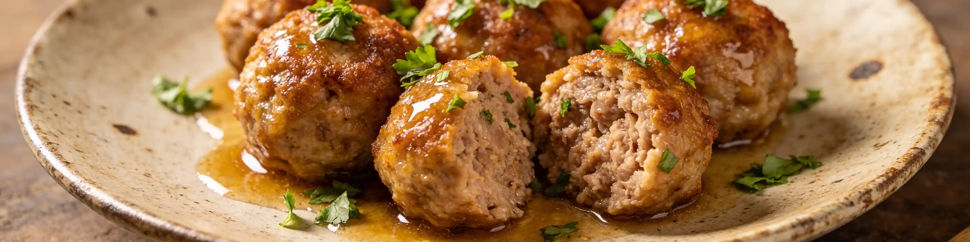 Boulettes de viande dorées servies dans une assiette avec herbes fraîches