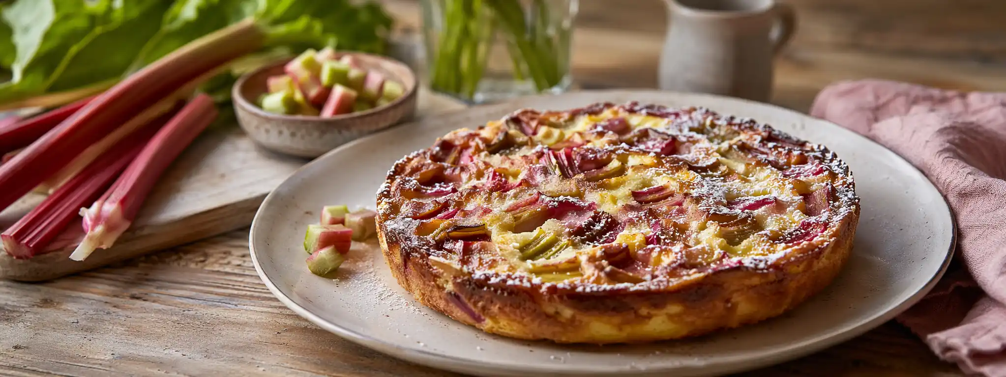 Clafoutis à la rhubarbe doré avec morceaux fondants