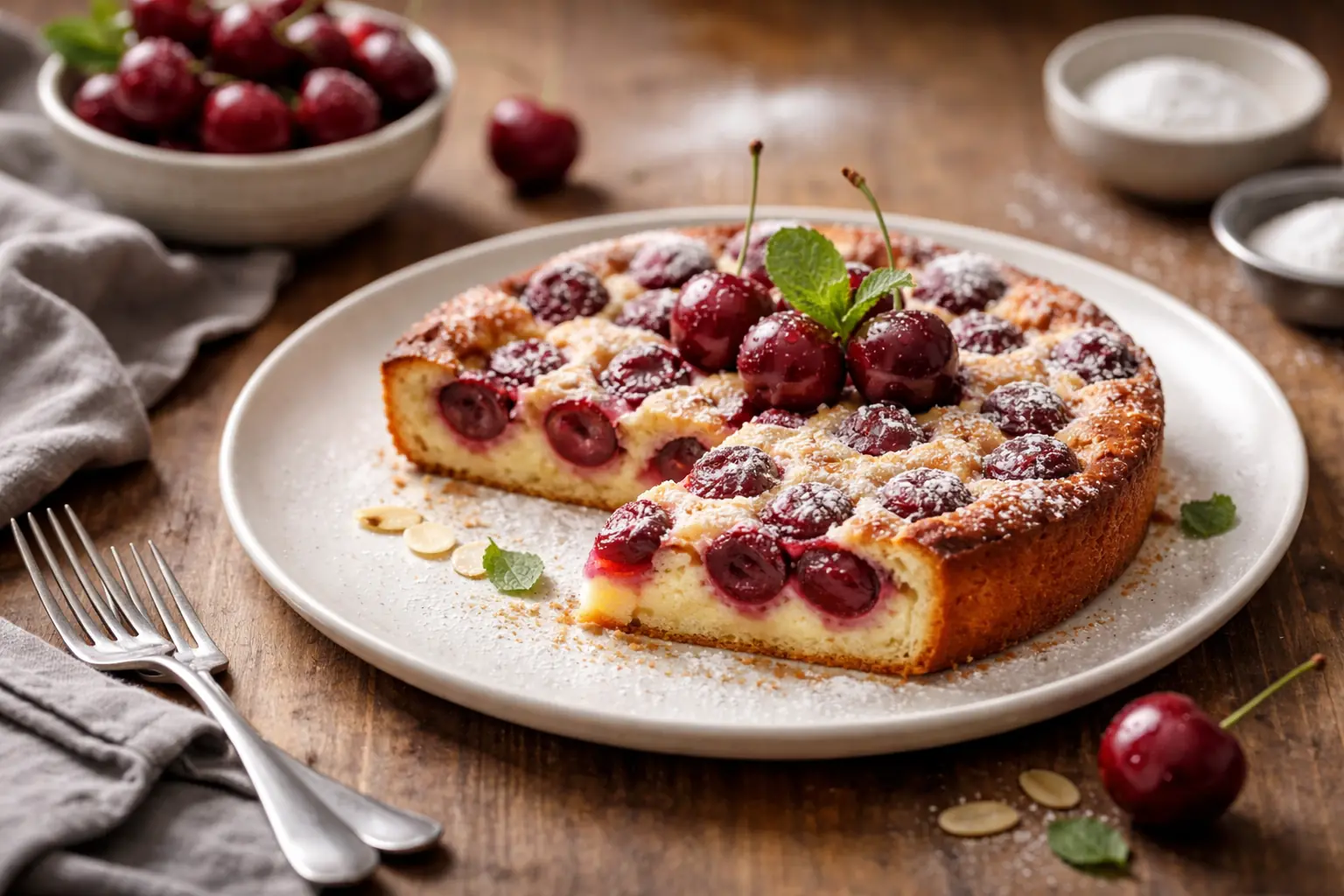 Clafoutis aux cerises moelleux préparé au Thermomix dans un moule