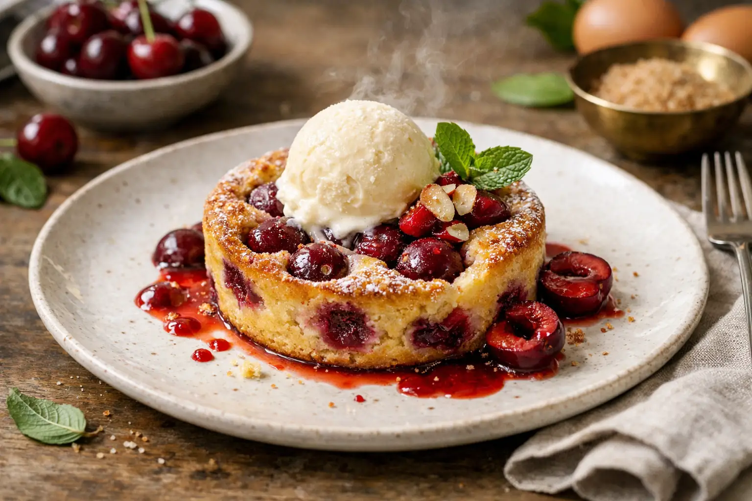 Clafoutis aux cerises crémeux doré à la surface dans un moule rond