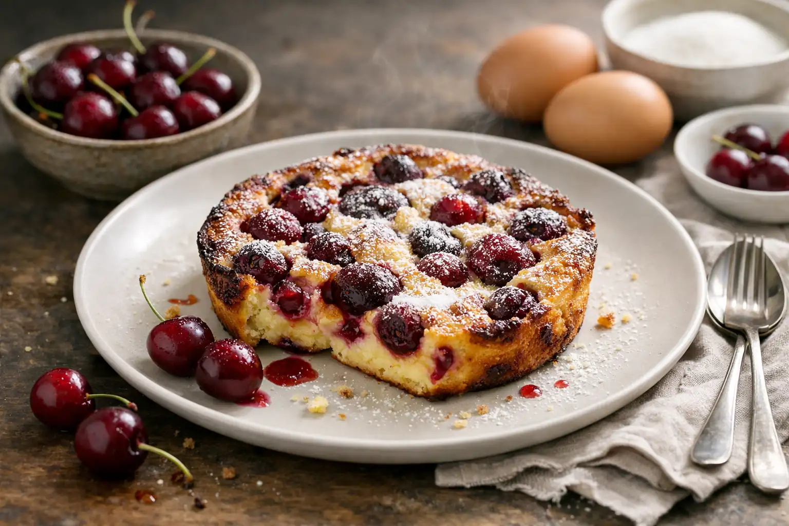 Clafoutis aux cerises simplissime doré dans un moule rond