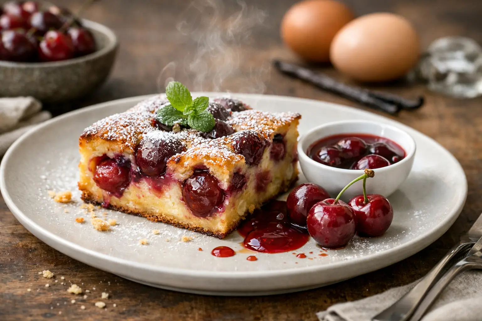 Part de clafoutis aux cerises très moelleux servie tiède