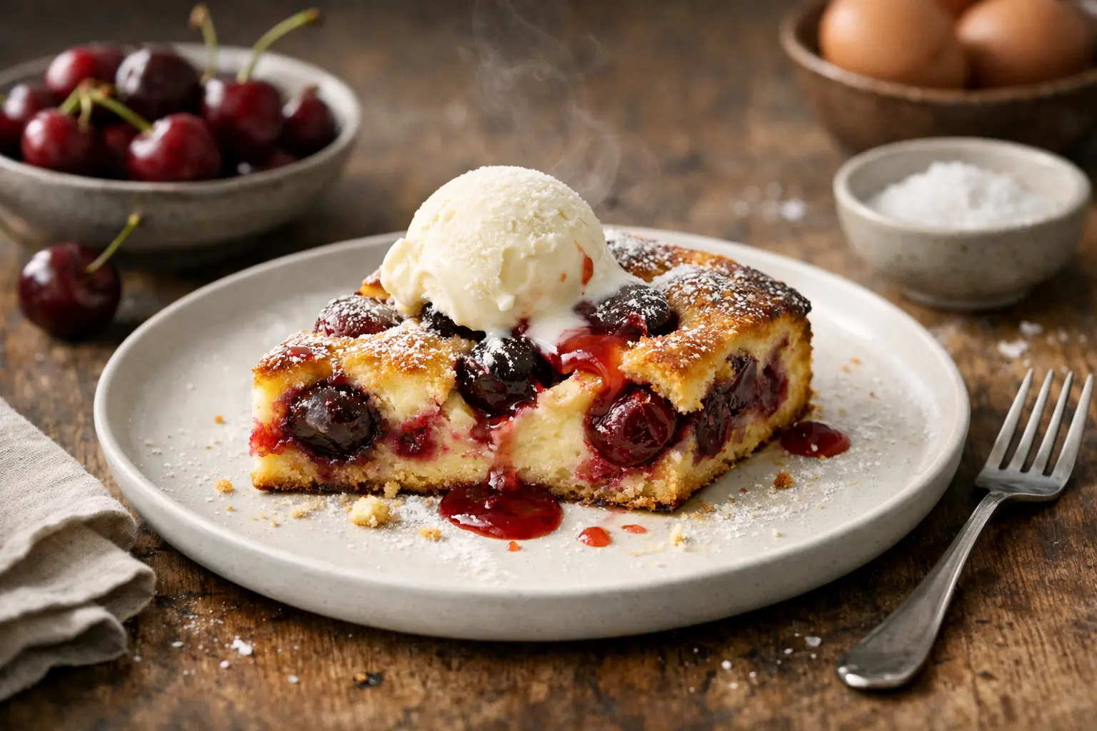 Clafoutis aux cerises traditionnel doré, servi dans un plat de cuisson