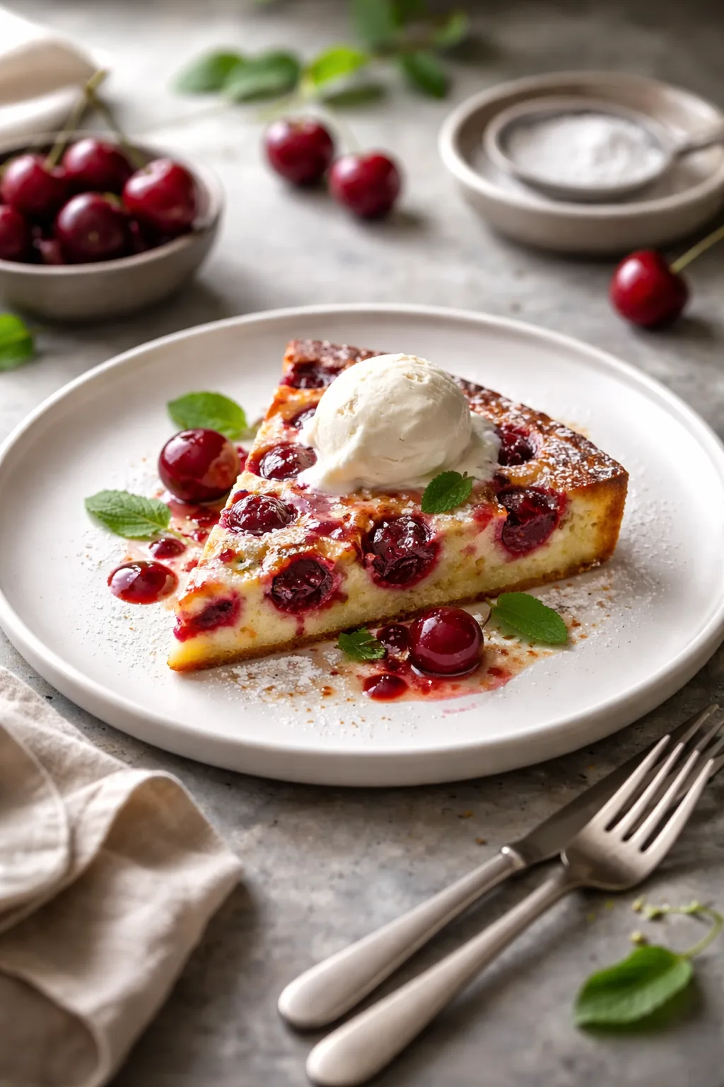 Clafoutis aux cerises moelleux saupoudré de sucre vanillé