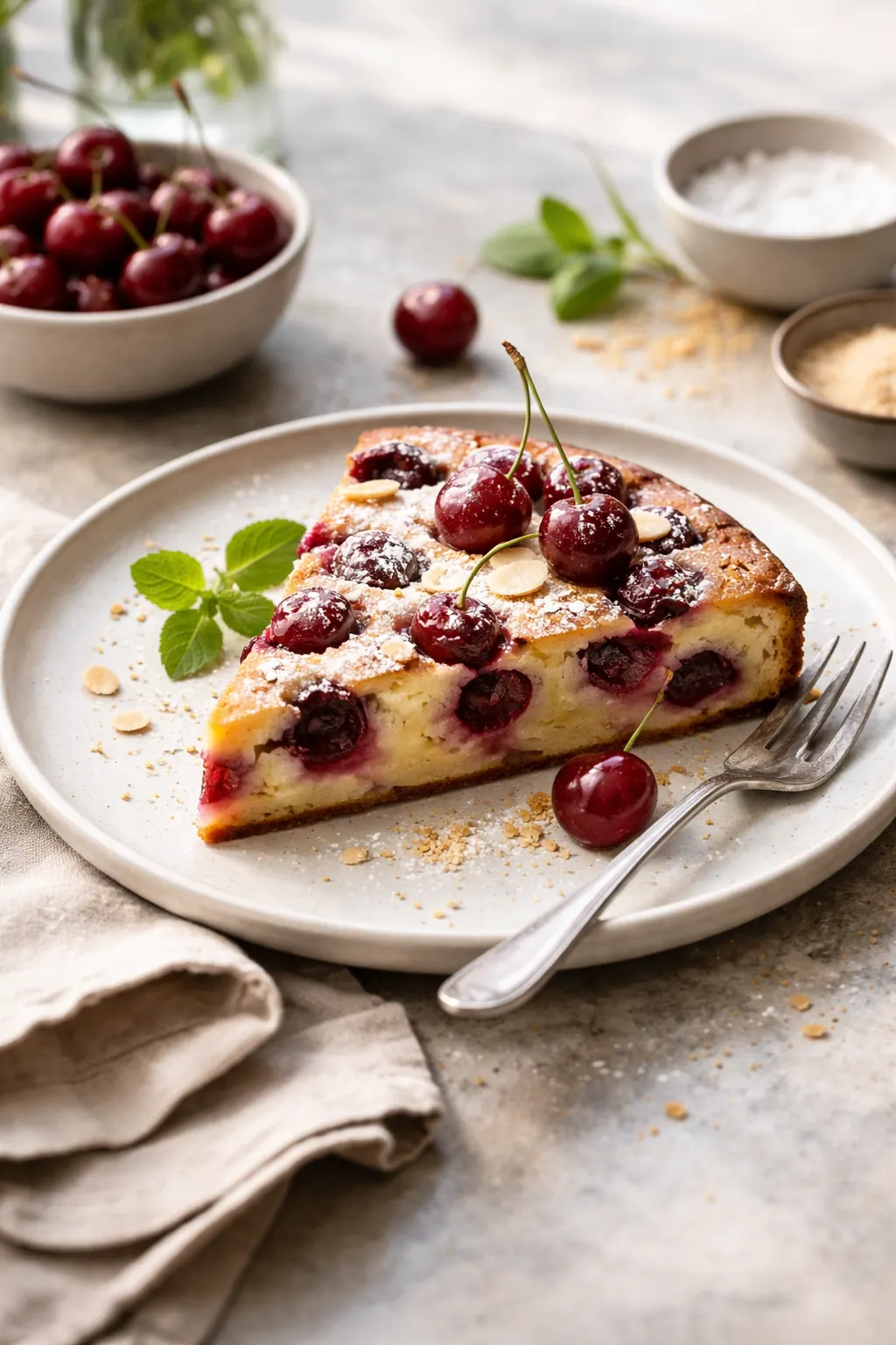 Clafoutis aux griottes doré dans un plat de cuisson