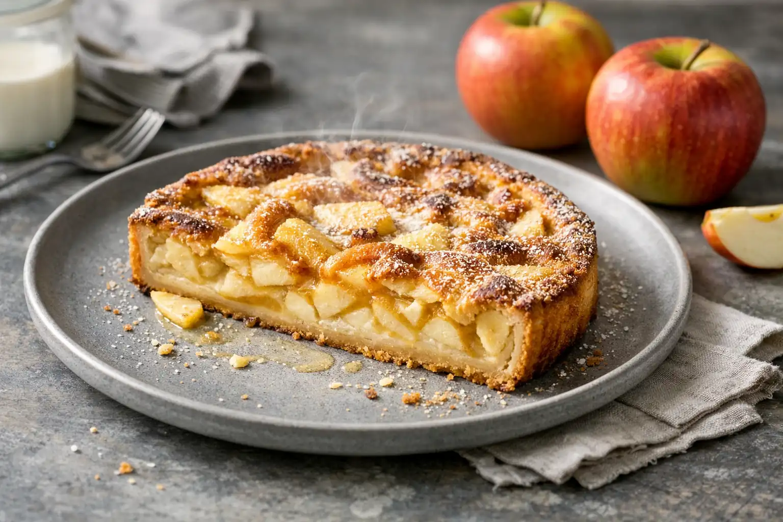 Clafoutis aux pommes doré et moelleux servi dans un plat à gratin