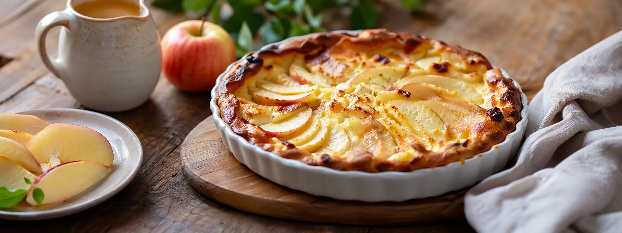 Clafoutis aux pommes doré et moelleux dans un plat