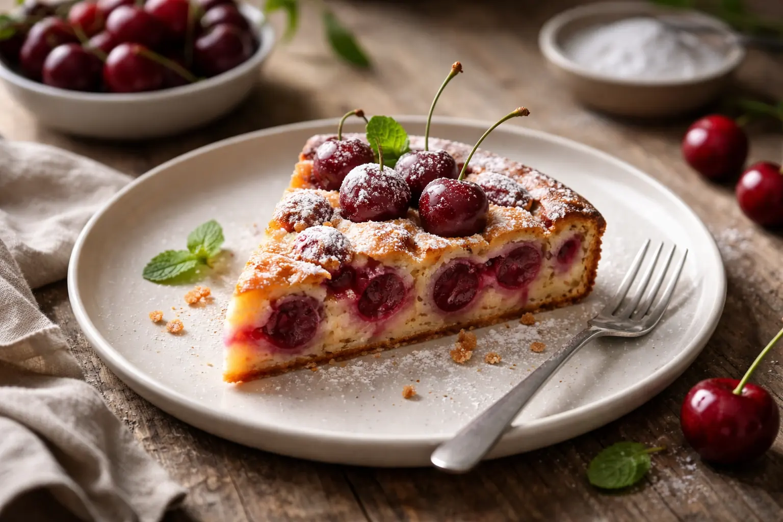 Part de clafoutis grand-mère aux cerises dans un plat familial