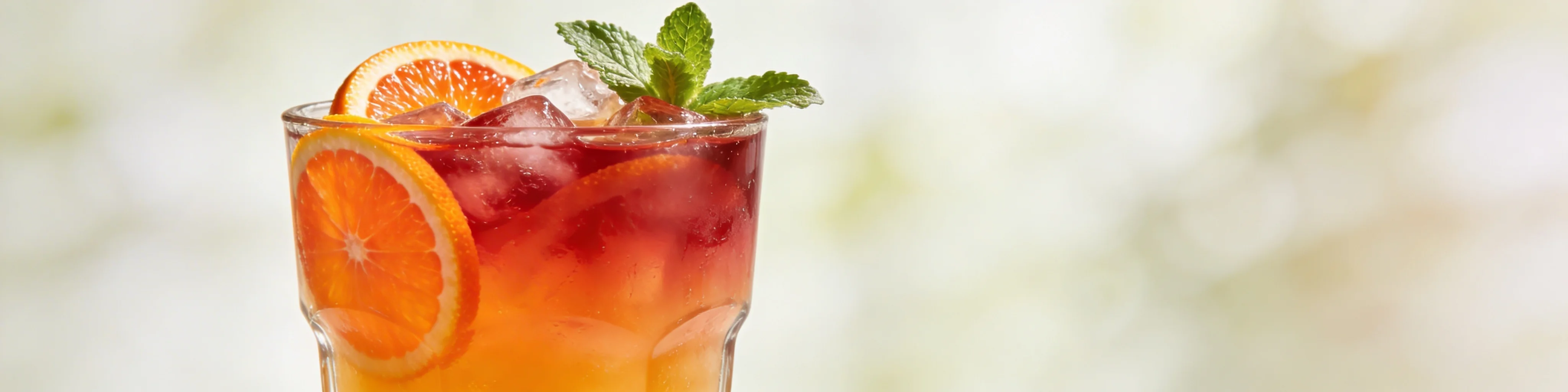 Cocktail sans alcool coloré aux jus de fruits servi avec glaçons et rondelles d’agrumes