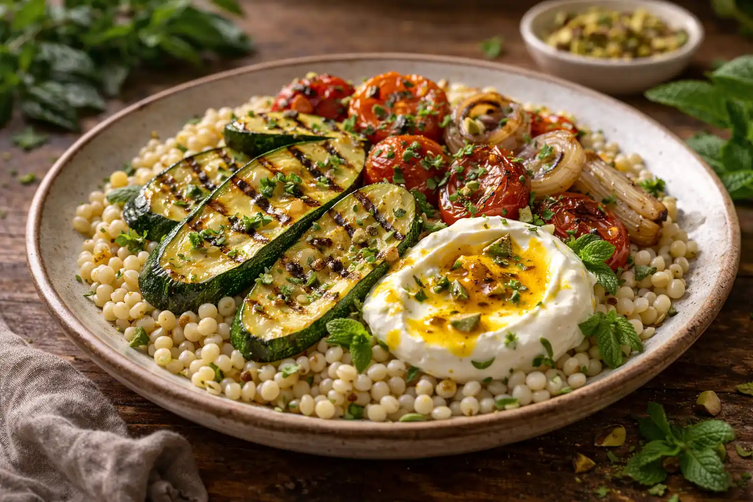 courgettes grillées avec labneh, couscous perlé et beurre au curcuma