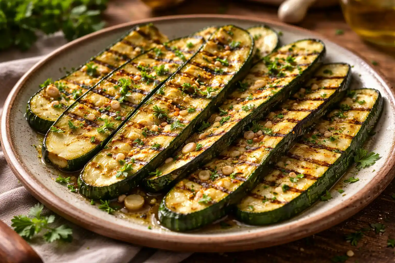 courgettes grillées dorées avec huile d’olive et herbes