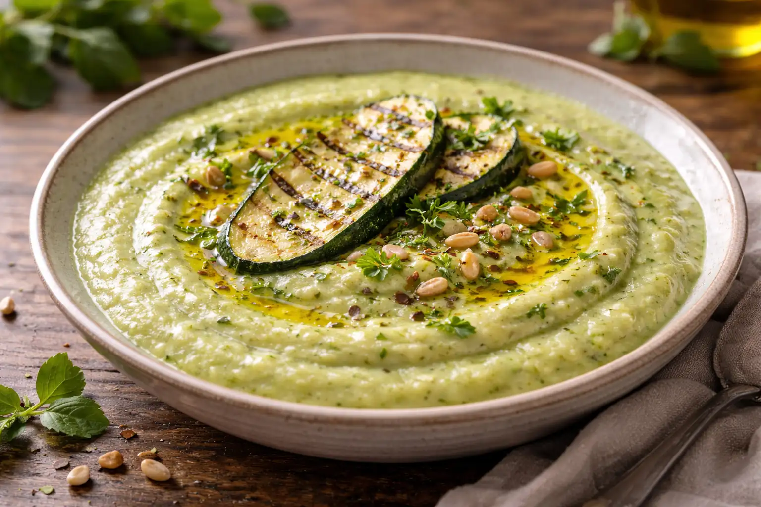 Bol de crème de courgettes veloutée avec herbes fraîches