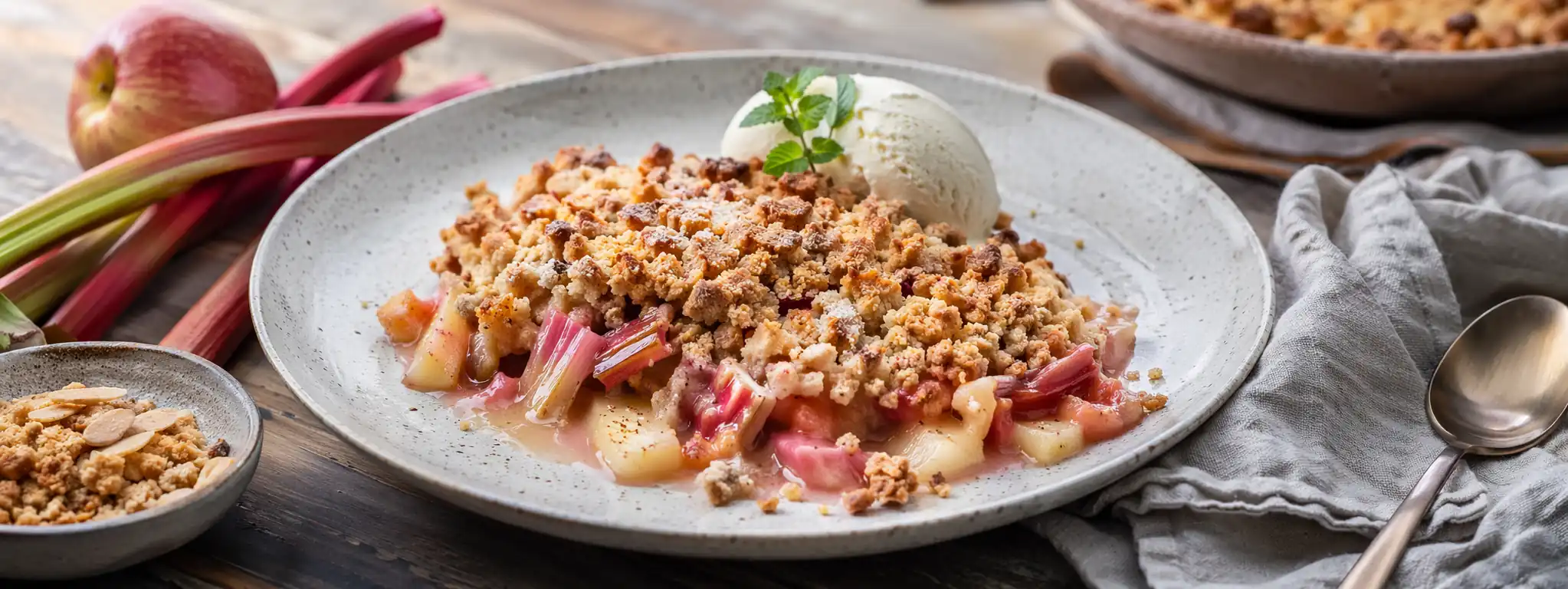 Crumble pomme rhubarbe doré avec croûte croustillante
