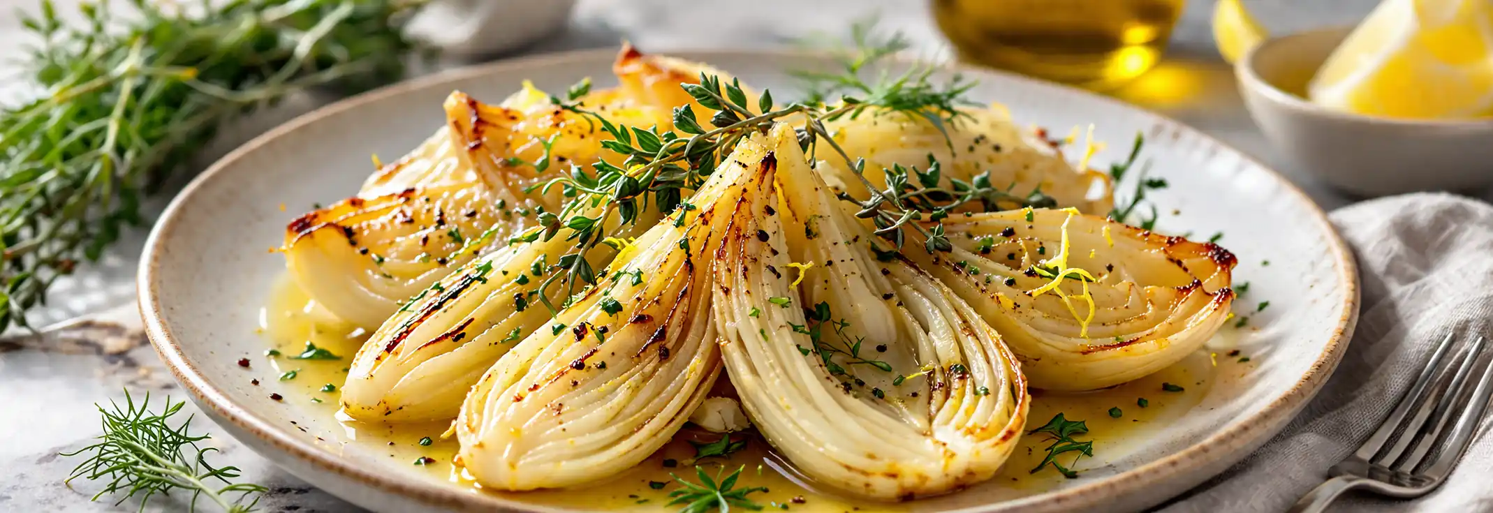 Quartiers de fenouil braisé dorés et fondants dans une sauteuse