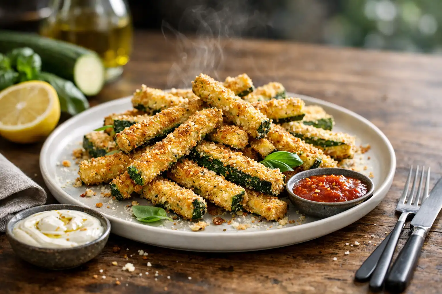 Frites de courgettes panées et dorées servies avec une sauce légère