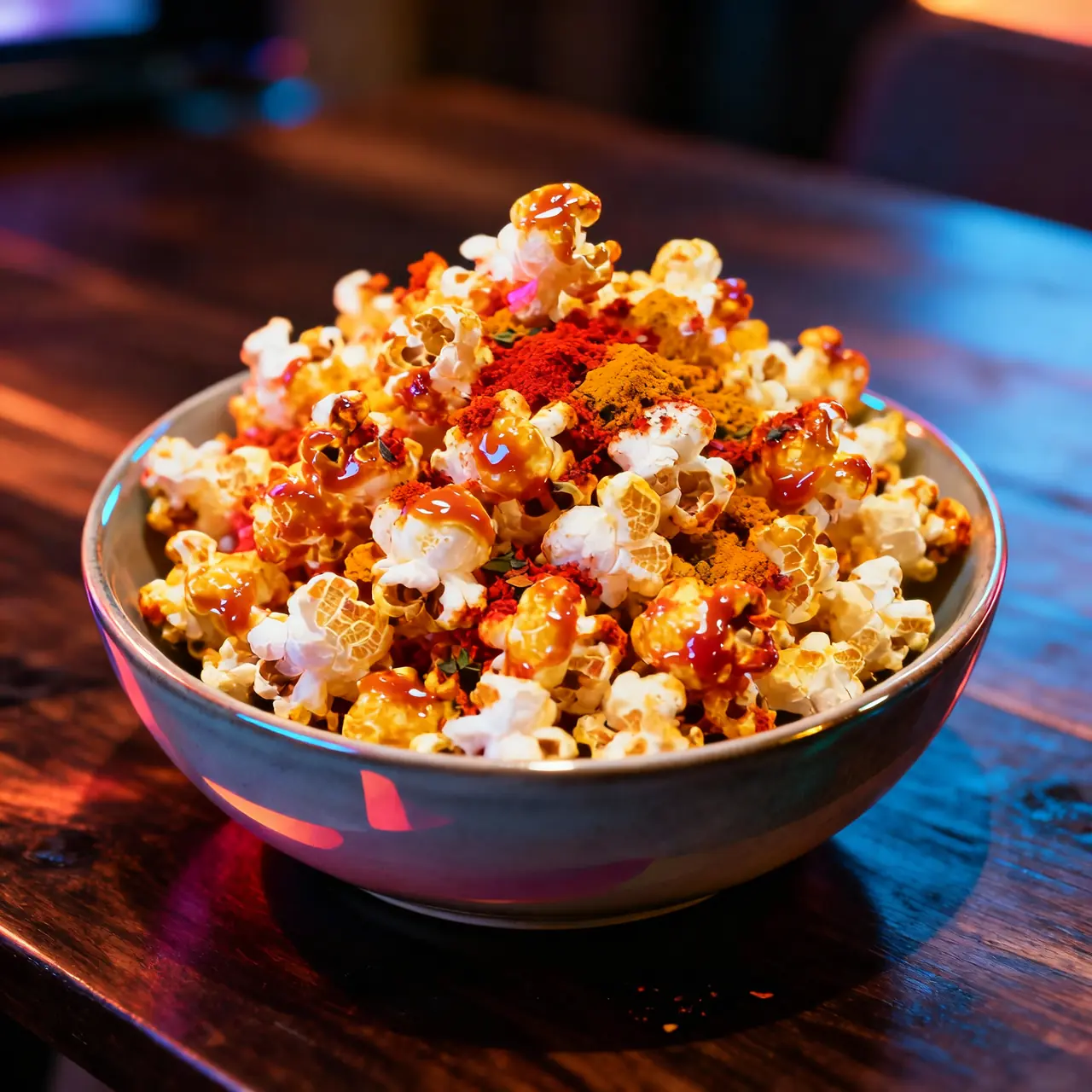 Bol de pop-corn coloré sucré-salé épicé façon funky