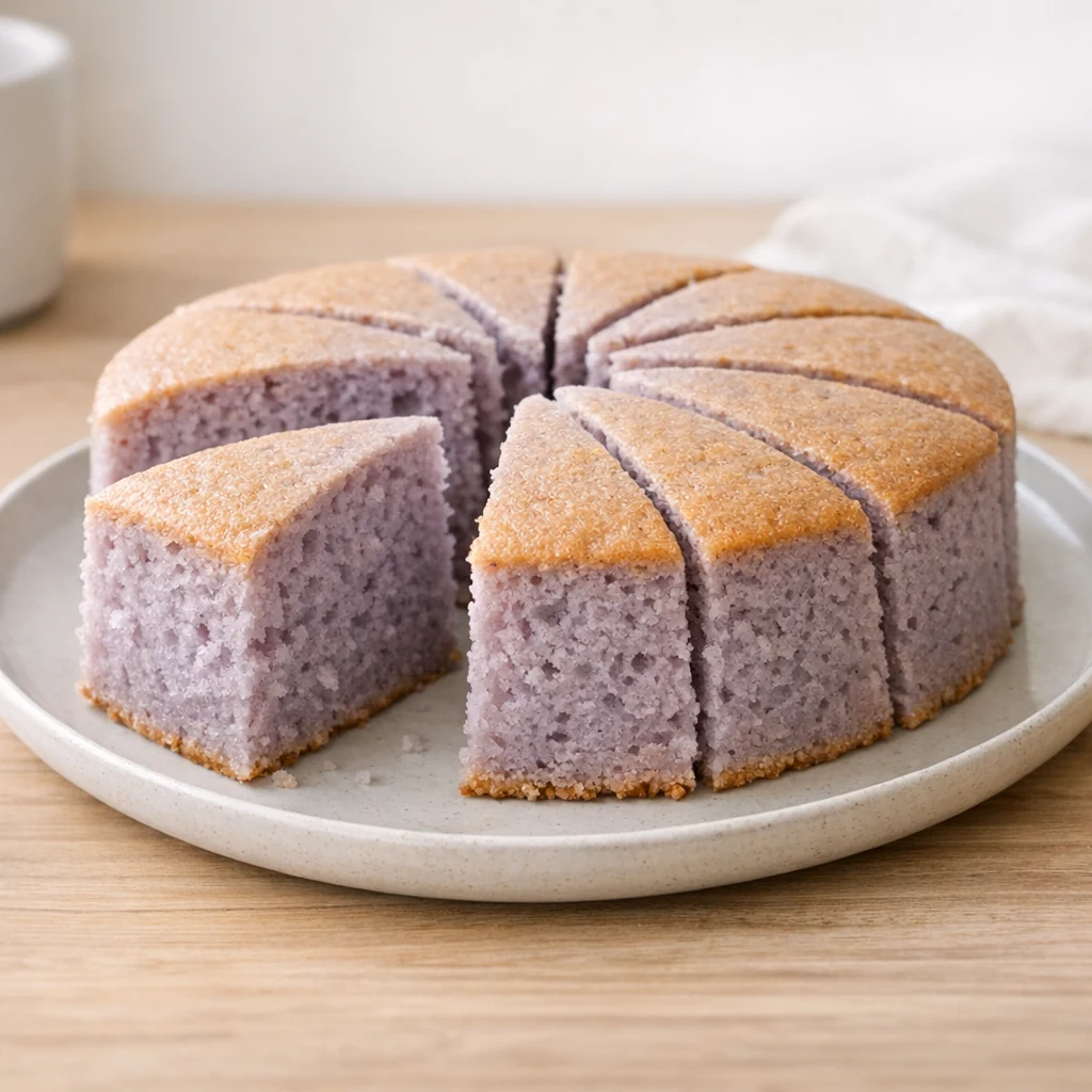 Gâteau au taro moelleux doré, tranché et servi sur une assiette