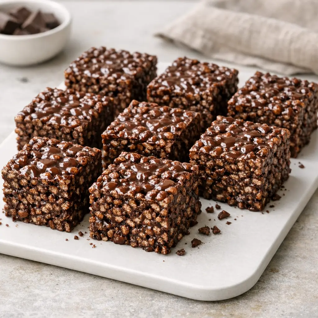 gâteau au riz soufflé et chocolat découpé en parts carrées