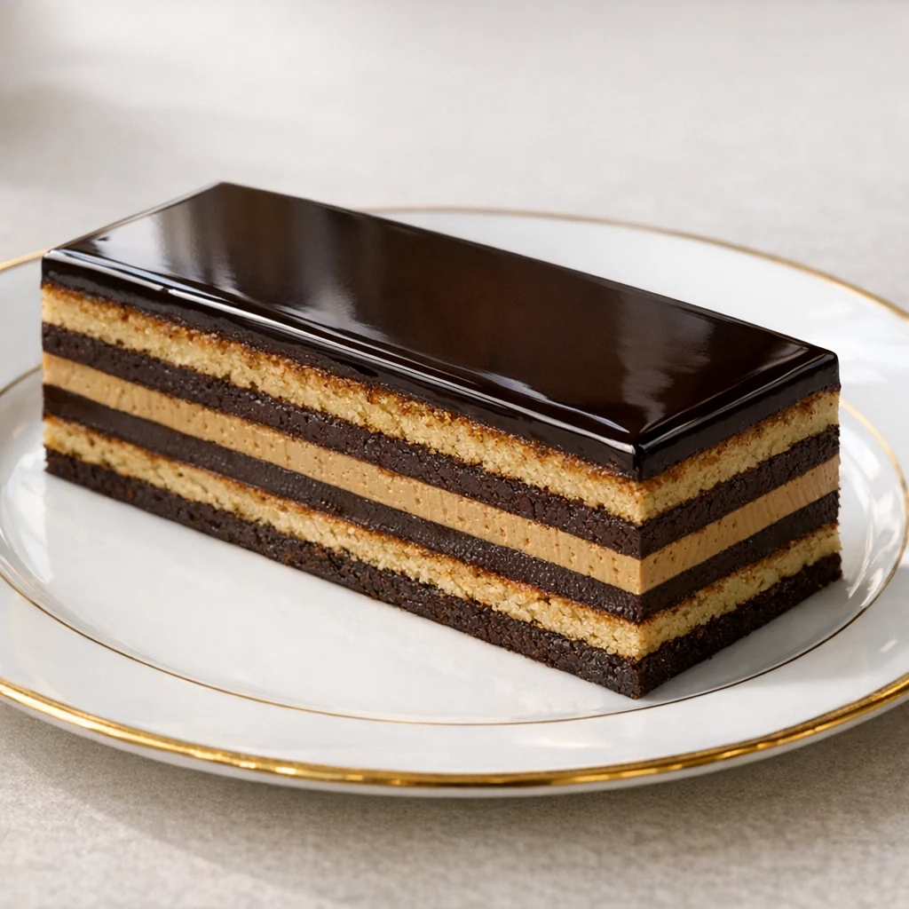 gâteau opéra en couches fines chocolat et café avec glaçage brillant