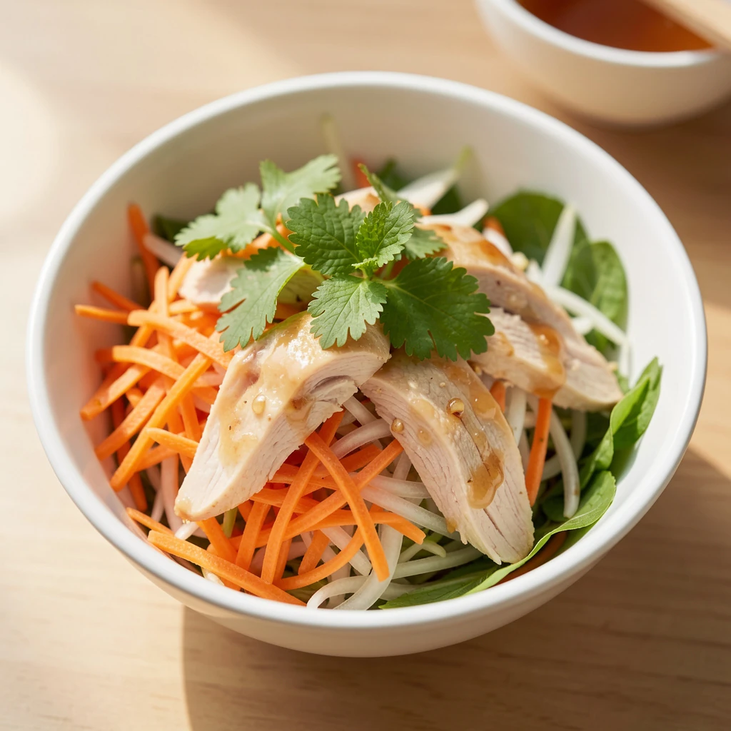 Salade vietnamienne de poulet avec herbes fraîches et légumes croquants
