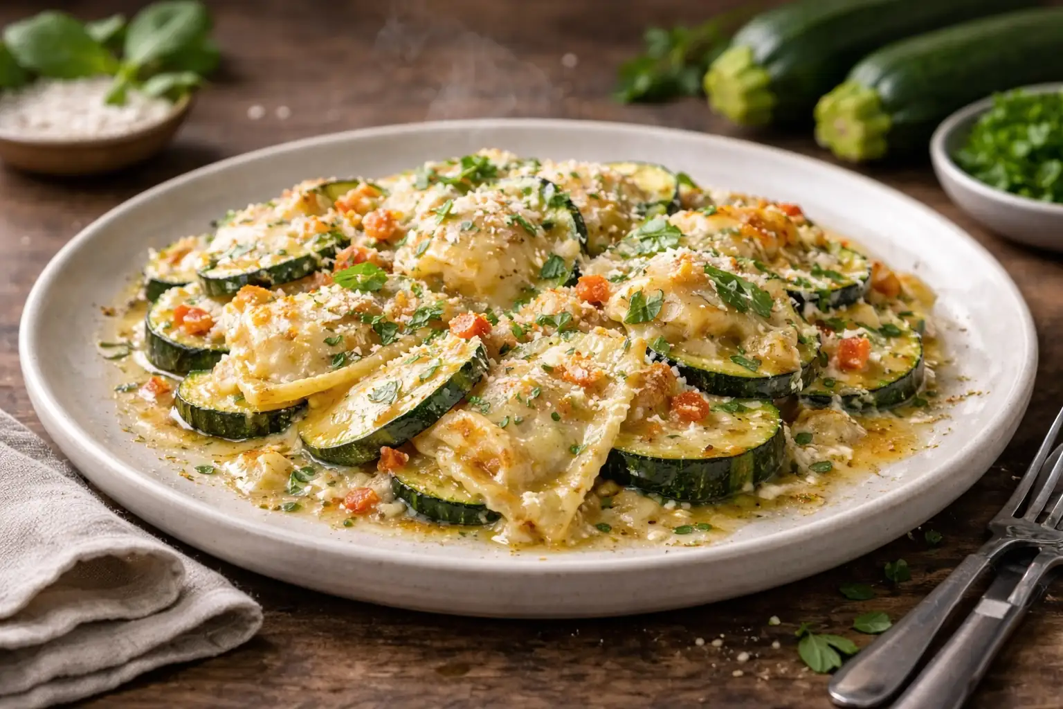 Gratin de courgettes et ravioles doré à la sortie du four